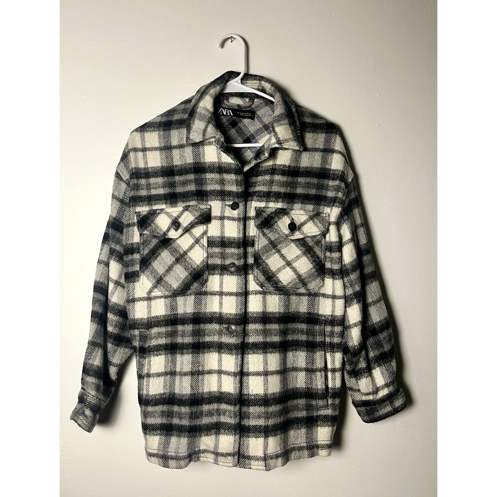 ZARA Plaid Oversized Shirt Jacket Wool Blend Comfy Shacket Black & White Size M
